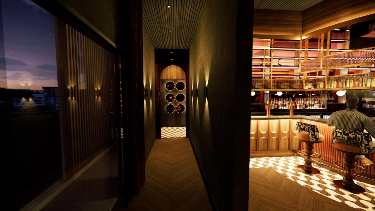 Communal dining setting with sculptural lighting and rich, warm surfaces.
